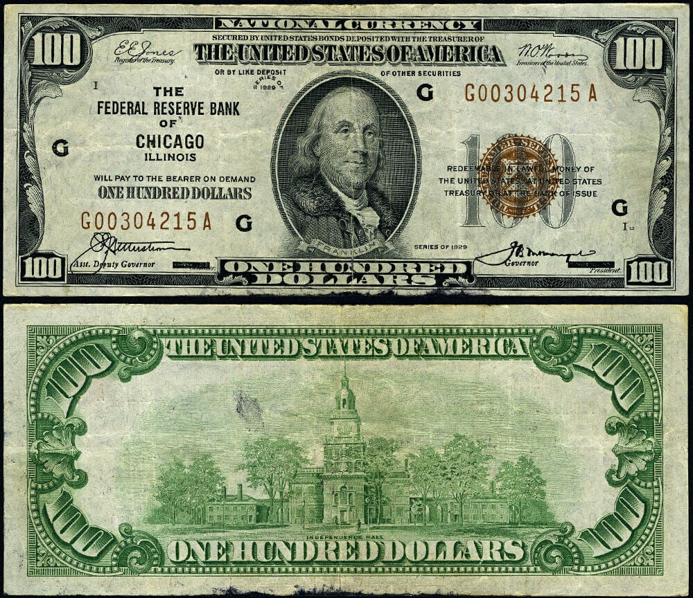 1929 Federal Reserve Bank Note $100 Chicago G-A Block VF: 1929 Federal Reserve Bank Note $100 Chicago G-A Block VF This 1929 Federal Reserve Bank Note from Chicago, denominated at $100, features a portrait of Benjamin Franklin on the front and an image of In