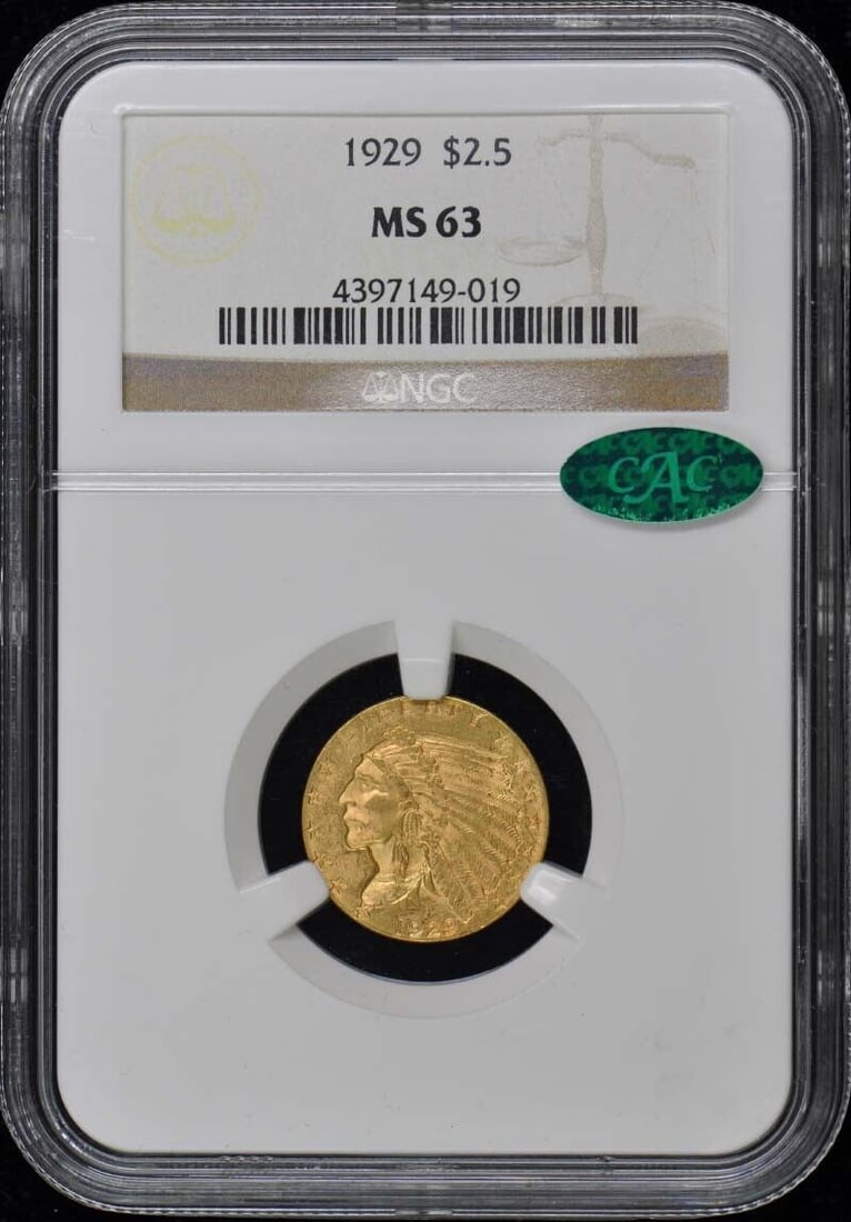 1929 Indian Head $2.50 Gold Coin NGC MS63 CAC Uncirculated: 1929 Indian Head $2.50 Gold Coin NGC MS63 CAC Uncirculated This 1929 Indian Head $2.50 gold coin is graded MS63 by NGC, indicating it is uncirculated and in excellent condition. Minted in Philadelphia