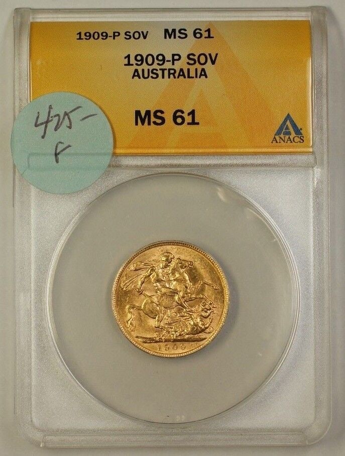 1909 Australia Sovereign Gold Coin ANACS MS-61 Pre-Owned: 1909 Australia Sovereign Gold Coin ANACS MS-61 Pre-Owned This 1909-P Australia Sovereign Gold Coin is a remarkable piece of numismatic history, graded MS-61 by ANACS. The coin showcases the intricate 