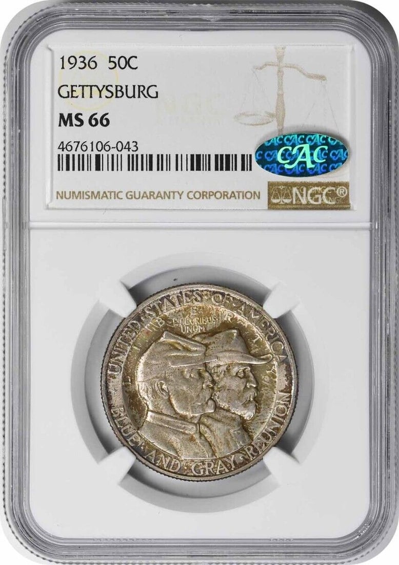 Gettysburg Commemorative Half Dollar 1936 MS66 Uncirculated: Gettysburg Commemorative Half Dollar 1936 MS66 Uncirculated This stunning 1936 Gettysburg Commemorative Half Dollar, graded MS66 by NGC, is a remarkable piece of numismatic history. Crafted from 90% s