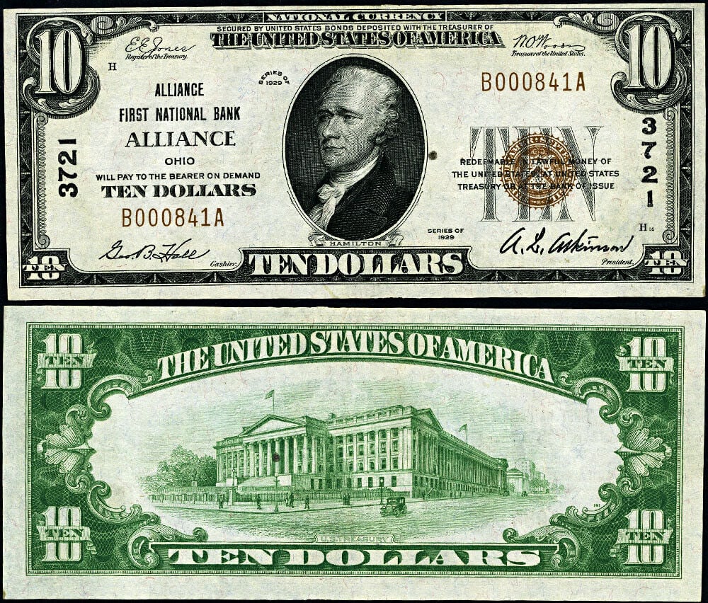 1929 T-1 $10 National Bank Note Alliance OH AU Condition: 1929 T-1 $10 National Bank Note Alliance OH AU Condition This $10 National Bank Note from Alliance, Ohio, issued in 1929 (Type T-1), features a portrait of Alexander Hamilton on the front and a depict