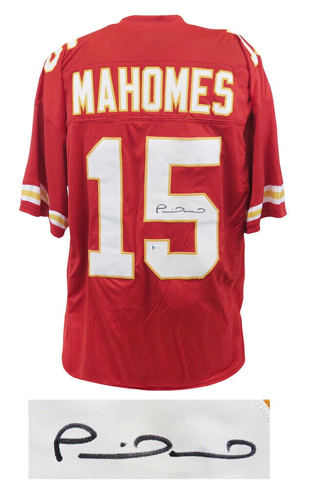 Patrick Mahomes Signed Red Custom Football Jersey - Size XL (Beckett COA): Patrick Mahomes Signed Red Custom Football Jersey - Size XL (Beckett COA) Celebrate your passion for football with this authentic Patrick Mahomes signed red custom football jersey from the Kansas City