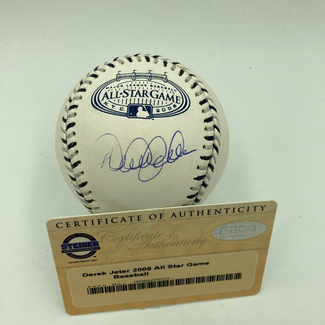 Derek Jeter 2008 All Star Game Signed Baseball Steiner COA: Derek Jeter 2008 All Star Game Signed Baseball Steiner COA This is an original Derek Jeter signed baseball from the 2008 All Star Game, authenticated by Steiner Sports. The baseball features Jeter's s
