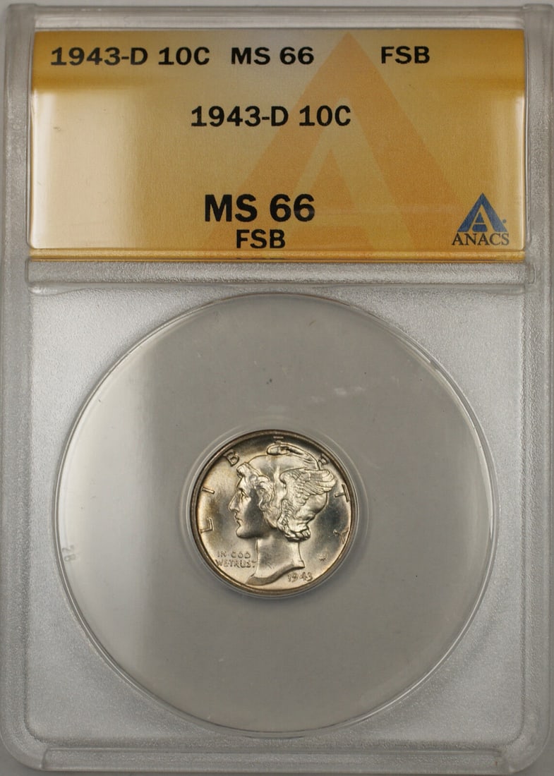1943-D Silver Mercury Dime 10C ANACS MS-66 Uncirculated: 1943-D Silver Mercury Dime 10C ANACS MS-66 Uncirculated This 1943-D Silver Mercury Dime is a remarkable collector's item, certified by ANACS with a grade of MS 66. Struck in Denver, this uncirculated 