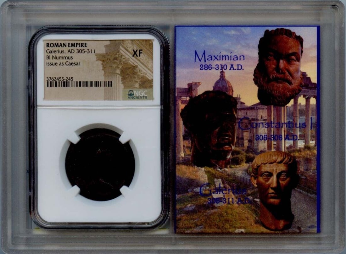 Galerius AD 305-311 Roman Bi-Nummus Coin NGC XF40 with Display Card: Galerius AD 305-311 Roman Bi-Nummus Coin NGC XF40 with Display Card This remarkable Roman Empire bi-nummus coin, minted during the reign of Galerius (AD 305-311), is certified by NGC with a grade of X