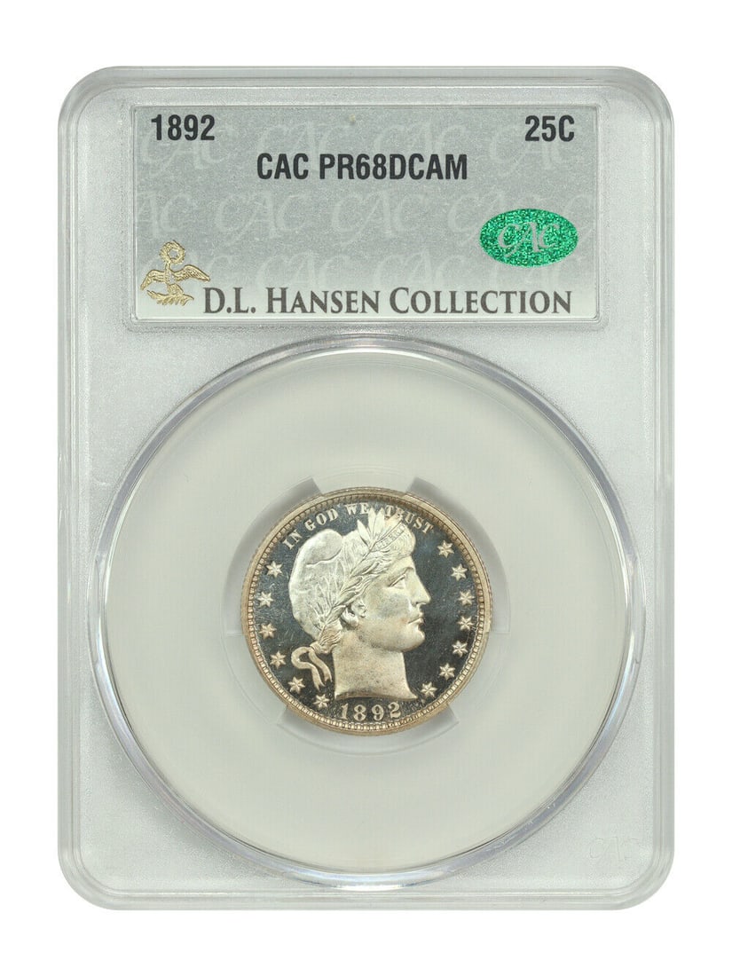 1892 25C CACG PR68DCAM ex: D.L. Hansen - Barber Quarter - First Year Proof Issue: 1892 25C CACG PR68DCAM ex: D.L. Hansen - Barber Quarter - First Year Proof Issue Certification: CACG Certification Number: 106446130 Circulated/Uncirculated: Uncirculated Denomination: 25C Year: 1892 