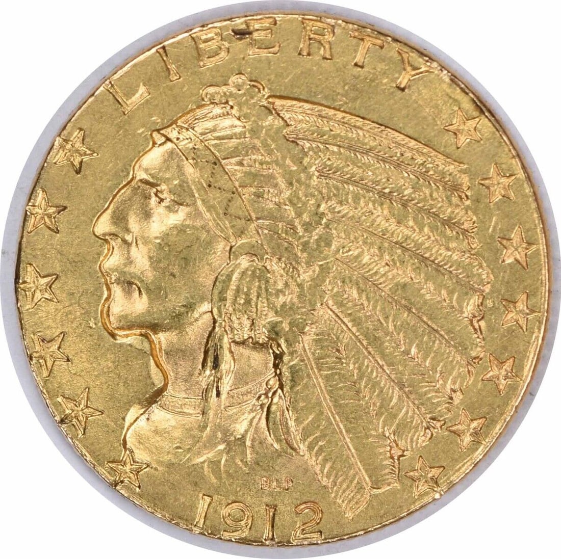 1912 $5 Gold Indian AU Circulated Uncertified: 1912 $5 Gold Indian AU Circulated Uncertified This 1912 $5 Gold Indian coin showcases a stunning Native American profile, a design by Bela Lyon Pratt. With a composition of 90% gold and 10% copper, th