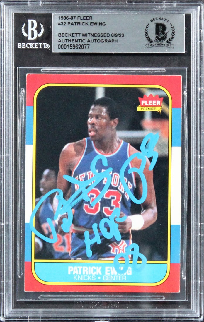 Patrick Ewing Signed 1986 Fleer #32 RC Card Auto 10! Beckett Slabbed: Patrick Ewing Signed 1986 Fleer #32 RC Card Auto 10! Beckett Slabbed This is a signed trading card of Patrick Ewing, featuring his blue autograph and showcasing him in a New York Knicks uniform. It is