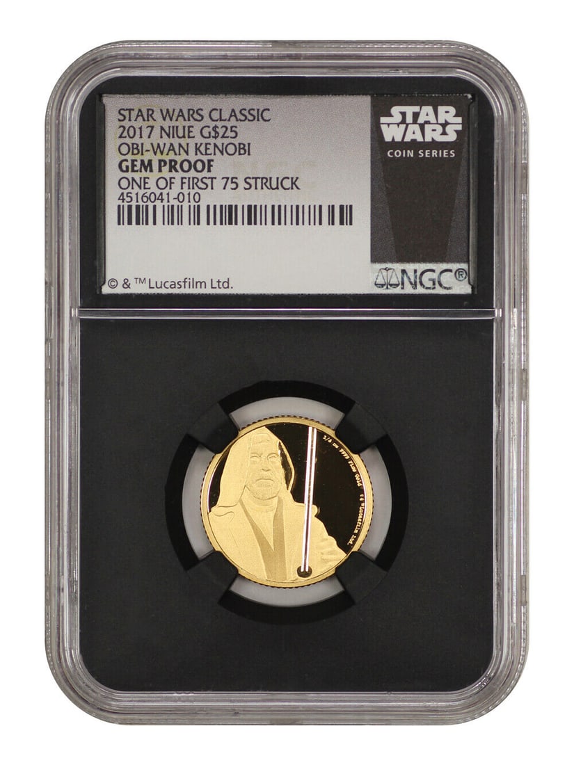 2017 Star Wars Obi-Wan Kenobi G$25 NGC Gem Proof 1/4 oz Gold: 2017 Star Wars Obi-Wan Kenobi G$25 NGC Gem Proof 1/4 oz Gold This stunning 2017 Niue G$25 coin features the iconic Obi-Wan Kenobi from the Star Wars franchise, crafted from 1/4 oz of gold. It is grade