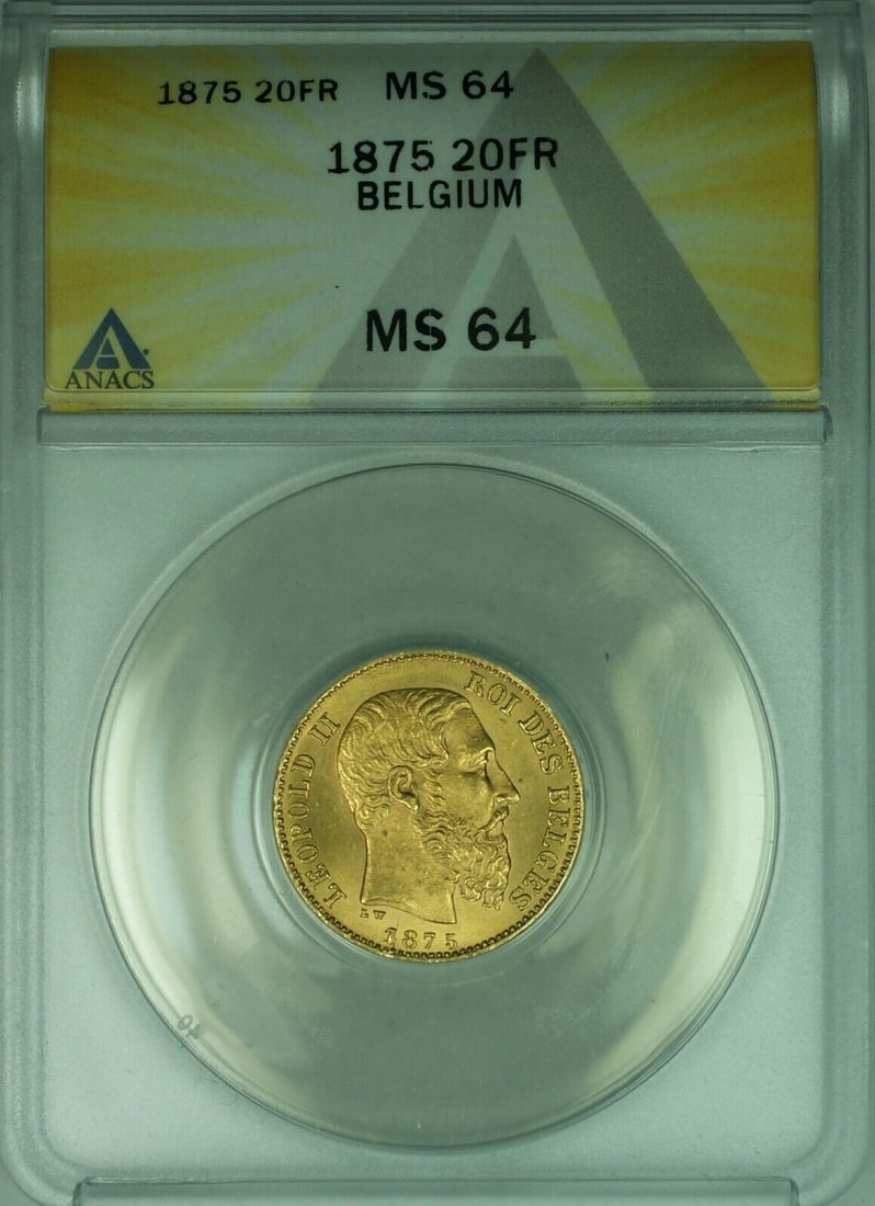 1875 Belgium 20 Francs Gold Coin ANACS MS 64: 1875 Belgium 20 Francs Gold Coin ANACS MS 64 This exquisite 1875 Belgium 20 Francs gold coin features the esteemed Leopold II and is certified by ANACS with a grade of MS 64. A notable piece for colle