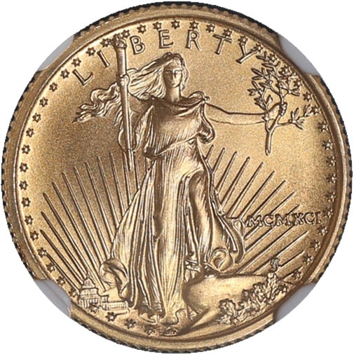 1991 Gold American Eagle $5 Coin NGC MS70 22K Fineness 0.9167: 1991 Gold American Eagle $5 Coin NGC MS70 22K Fineness 0.9167 This 1991 Gold American Eagle $5 coin is graded MS70 by NGC, ensuring its exceptional quality. Crafted from 22-karat gold, with a fineness