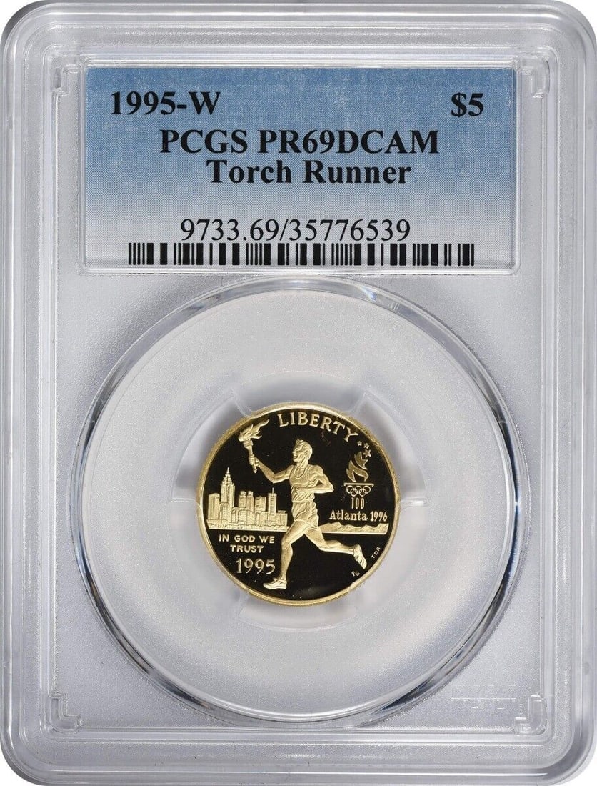 1995-W Torch Runner $5 Gold Proof Commemorative PR69: 1995-W Torch Runner $5 Gold Proof Commemorative PR69 This 1995-W Torch Runner $5 Gold Coin is a stunning commemorative piece, showcasing exceptional craftsmanship and detail. Graded PR69DCAM by PCGS, 