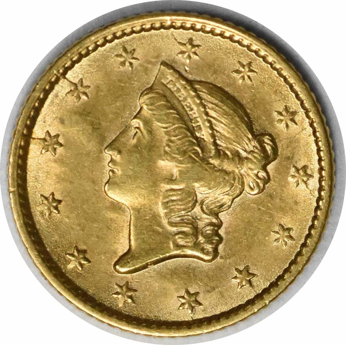 1853 $1 Gold Type 1 AU Circulated Uncertified: 1853 $1 Gold Type 1 AU Circulated Uncertified This 1853 $1 Gold Type 1 coin is a remarkable piece of history, featuring the iconic profile of Lady Liberty adorned with a decorative headpiece, surround