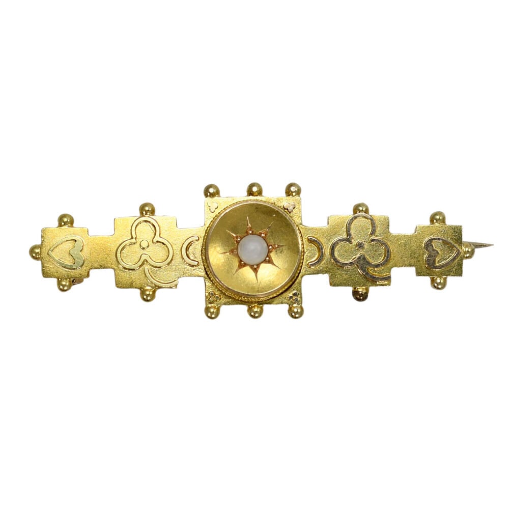 Antique 15k Yellow Gold Brooch with Pearl, Over 100 Years Old: Antique 15k Yellow Gold Brooch with Pearl, Over 100 Years Old This exquisite antique brooch, crafted from 15k yellow gold, showcases a charming design with a central opal stone, elegantly surrounded b