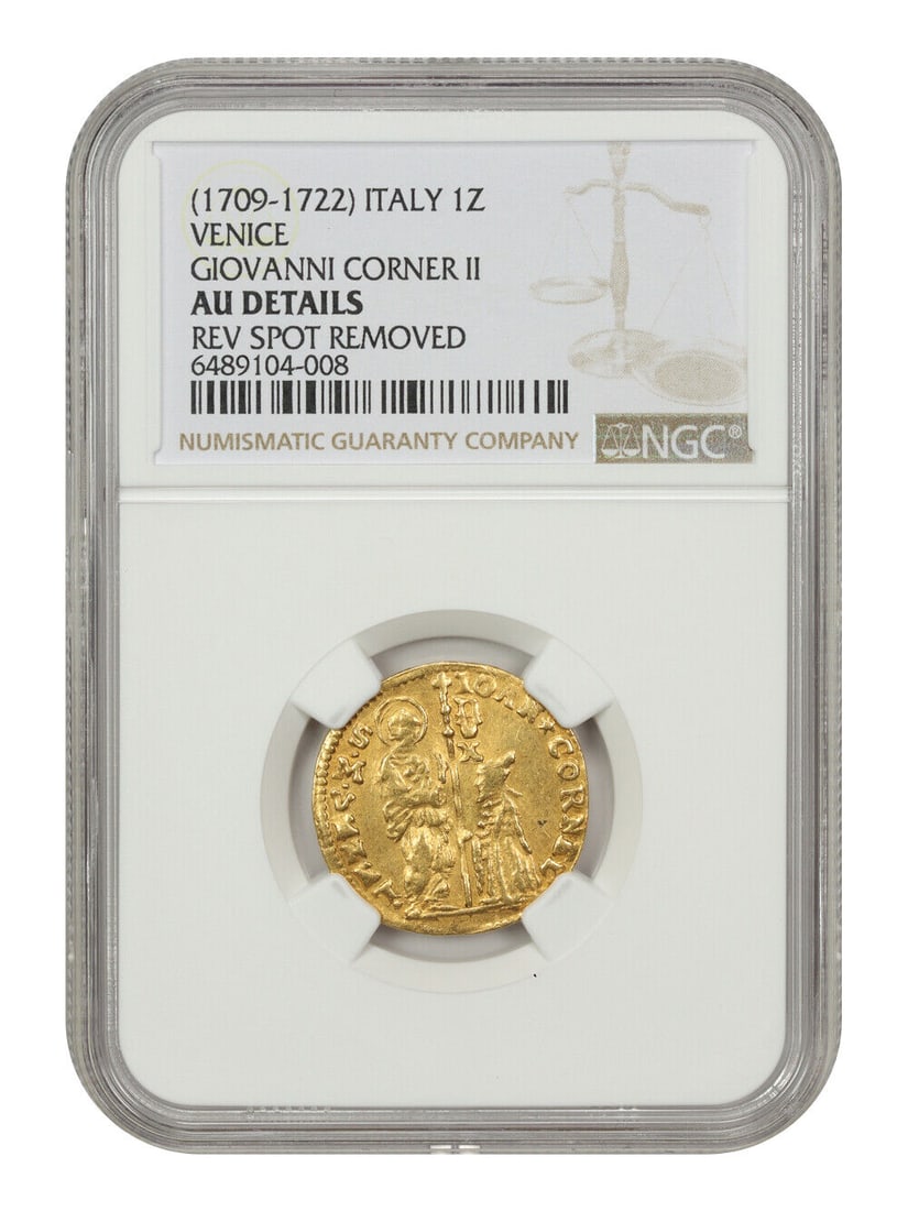 Venice: (1709-22) Zecchino NGC 50 Details (Giovanni Corner II, Circulated): Venice: (1709-22) Zecchino NGC 50 Details (Giovanni Corner II, Circulated) This impressive gold coin from Italy, dated 1709-1722, features Giovanni Corner II, the Duke of Venice, during the pivotal ti