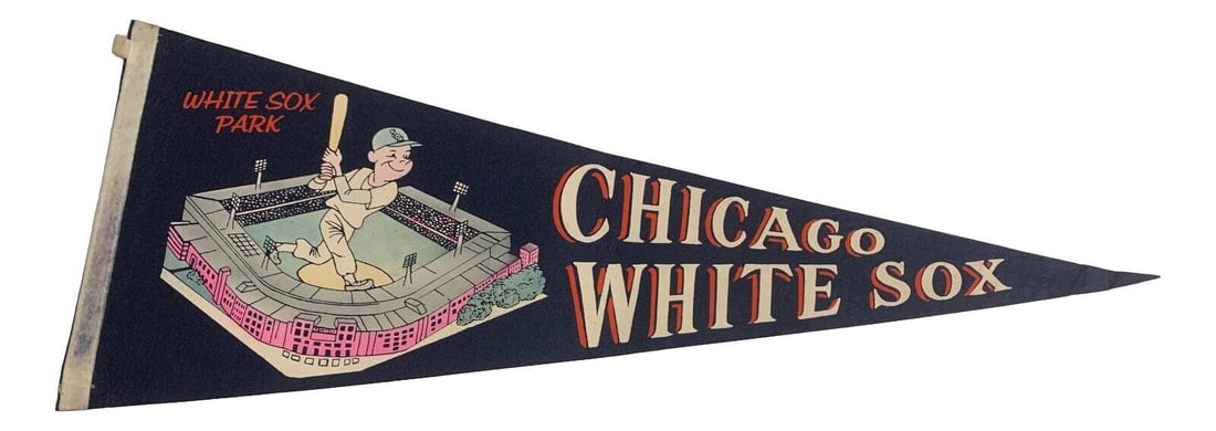 Rare 1950s Chicago White Sox 30" Felt Pennant from Comiskey Park: Rare 1950s Chicago White Sox 30" Felt Pennant from Comiskey Park This vintage 1950s Chicago White Sox pennant is a rare collectible item from the iconic Comiskey Park. Made of felt, it features a char