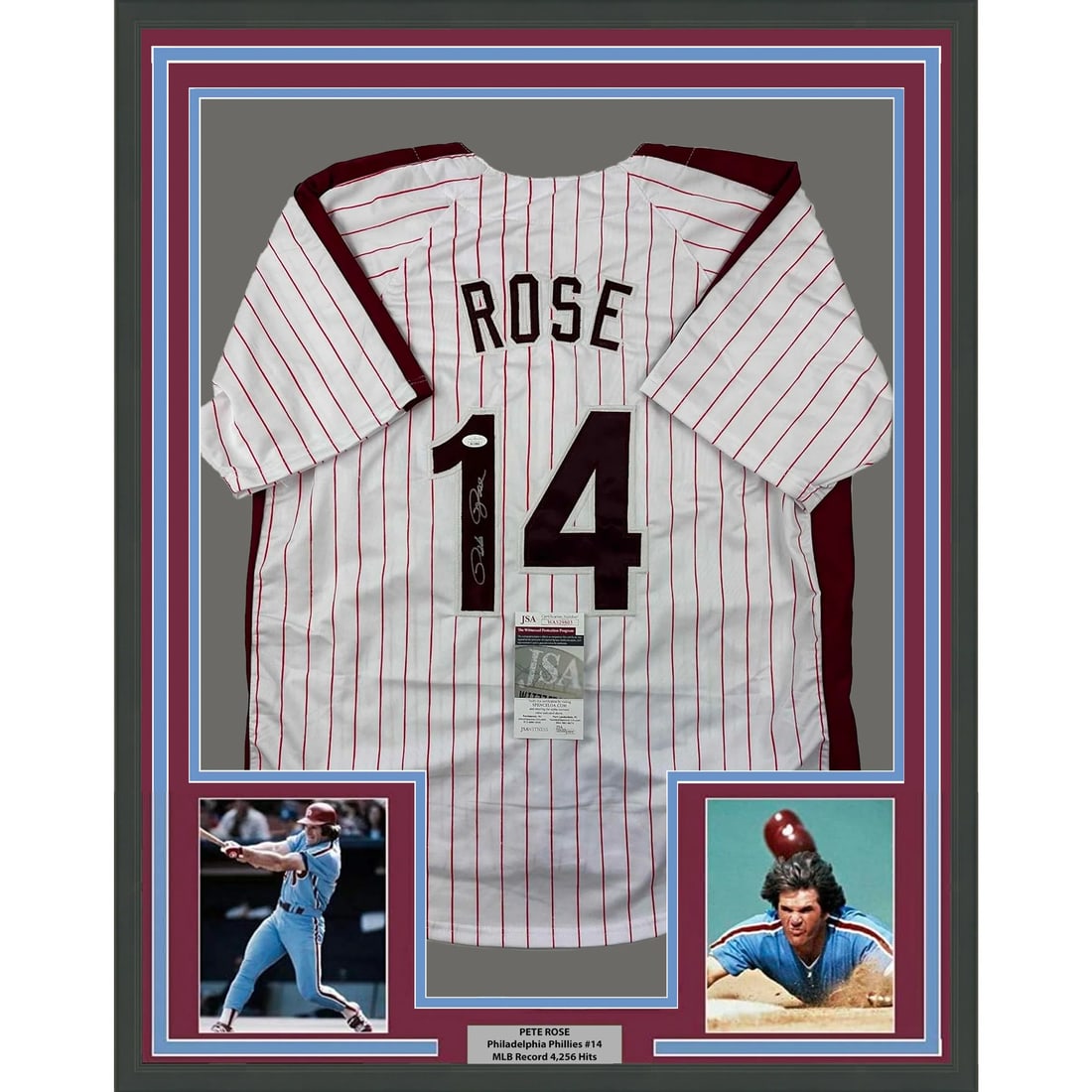 Framed Autographed Pete Rose Philadelphia Phillies Pinstripe Jersey JSA COA: Framed Autographed Pete Rose Philadelphia Phillies Pinstripe Jersey JSA COA This framed autographed jersey features the iconic number 14 worn by Pete Rose, a legendary player of the Philadelphia Phill