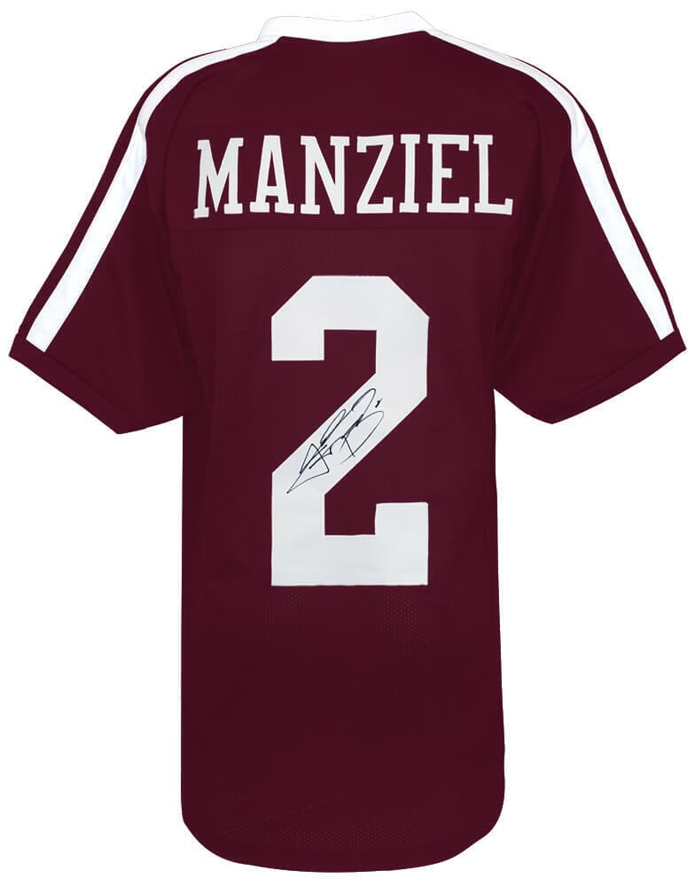 Johnny Manziel Signed Maroon College Football Jersey Size XL: Johnny Manziel Signed Maroon College Football Jersey Size XL This is a maroon custom football jersey signed by Johnny Manziel, the former quarterback of the Texas A&M Aggies. The jersey features his n