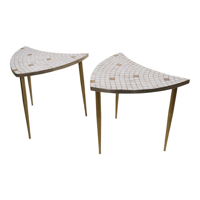 Mid Century Mosaic Tile Top Side Tables with Tapered Legs: Mid Century Mosaic Tile Top Side Tables with Tapered Legs This stylish pair of Mid Century side tables features a unique guitar form with mosaic tile tops showcasing square metallic glaze tiles arrang