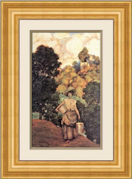 Maxfield Parrish The Milkmaid Custom Framed Print 18 x 24 Impressionism: Maxfield Parrish The Milkmaid Custom Framed Print 18 x 24 Impressionism This custom framed print titled "The Milkmaid" by Maxfield Parrish features a charming portrayal of a woman carrying two buckets