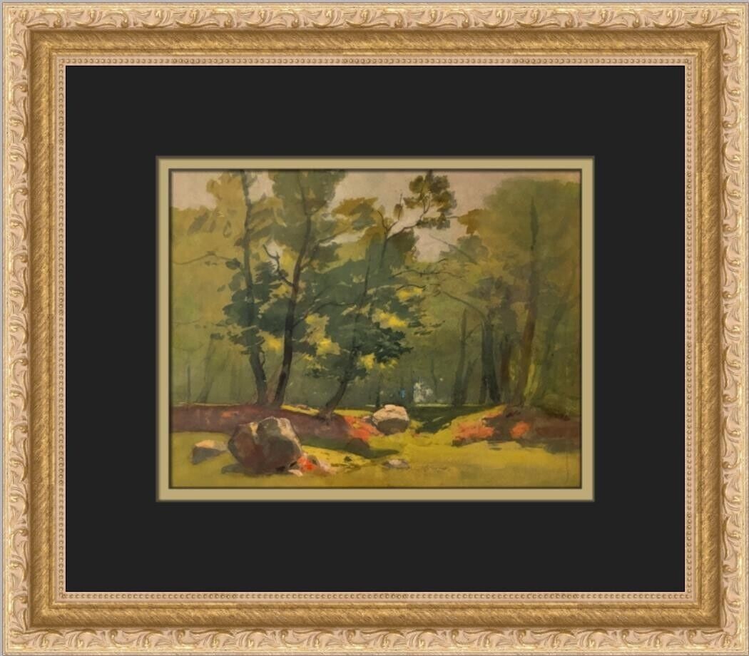Wood Landscape Custom Framed Print: Wood Landscape Custom Framed Print This exquisite custom framed print titled "Wood Landscape" by George Inness captures the serene beauty of nature with a landscape scene featuring trees and rocks. Me