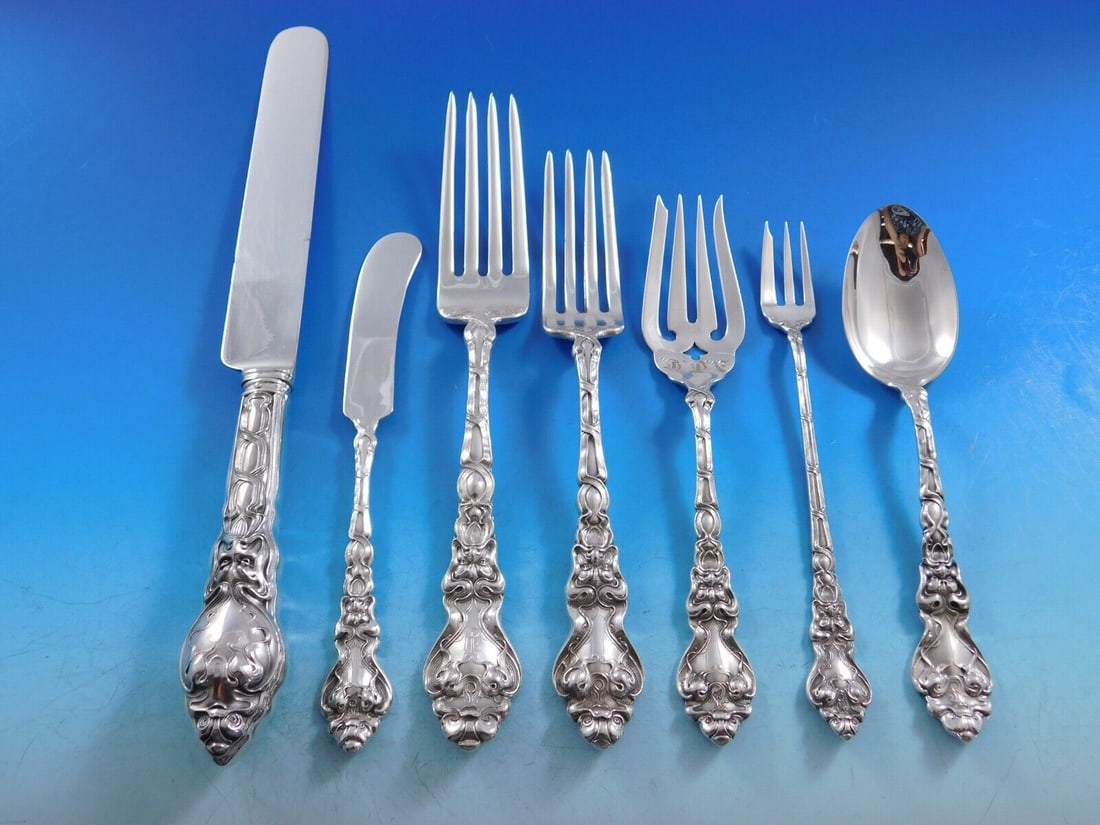 Douvaine Sterling Silver Flatware Set Service 30 Pieces Dinner: Douvaine Sterling Silver Flatware Set Service 30 Pieces Dinner This rare Douvaine flatware set by Unger Bros. is a stunning example of Art Nouveau craftsmanship, featuring intricate designs including 