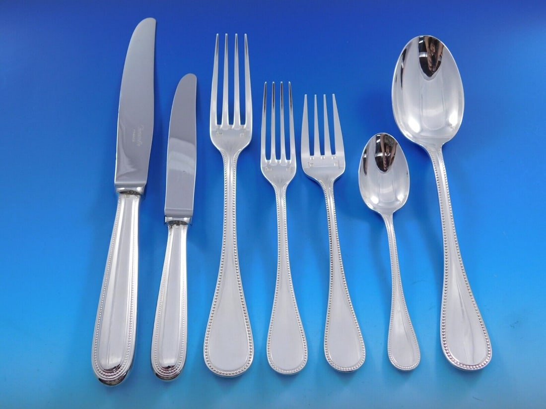 Stunning Perles Silverplate Flatware Set 88 Pieces Service for 12: Stunning Perles Silverplate Flatware Set 88 Pieces Service for 12 Discover the elegance of the Perles by Christofle silverplate flatware service, a stunning collection that embodies the sophistication