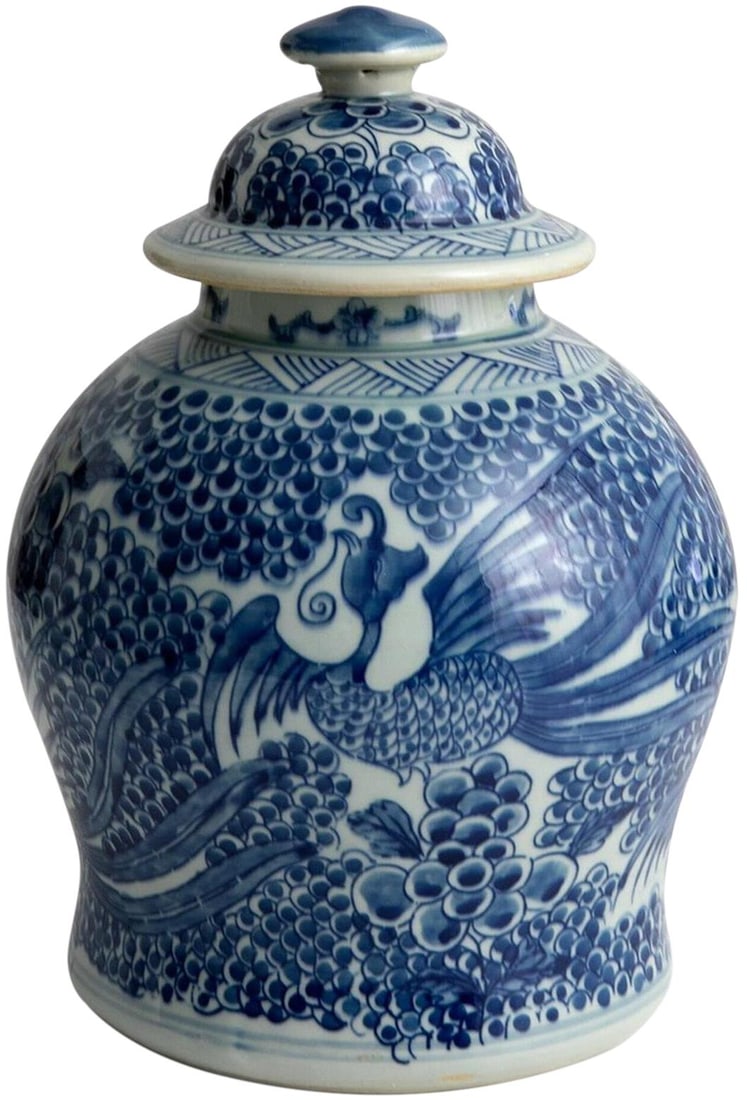 Small Blue and White Phoenix Temple Jar: Small Blue and White Phoenix Temple Jar Enhance your home decor with this exquisite Small Blue and White Phoenix Temple Jar. This ceramic jar is a testament to traditional craftsmanship, showcasing in