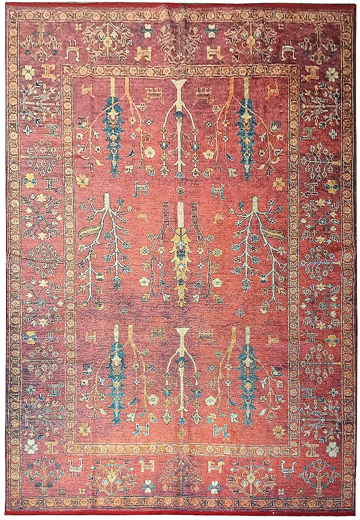 9'8" x 14'5" Handwoven Turkish Antique Reproduction Area Rug in Rustic Red and Blue: 9'8" x 14'5" Handwoven Turkish Antique Reproduction Area Rug in Rustic Red and Blue Discover the exquisite charm of this Turkish area rug, a masterful antique reproduction measuring 9'8" x 14'5". Hand