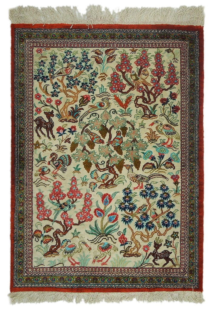 2' x 3' High-End Persian Qum Silk Rug: 2' x 3' High-End Persian Qum Silk Rug Elevate your living space with this exquisite 2' x 3' High-End Persian Qum Silk Rug, featuring enchanting tree and bird motifs. Handcrafted by skilled artisans in