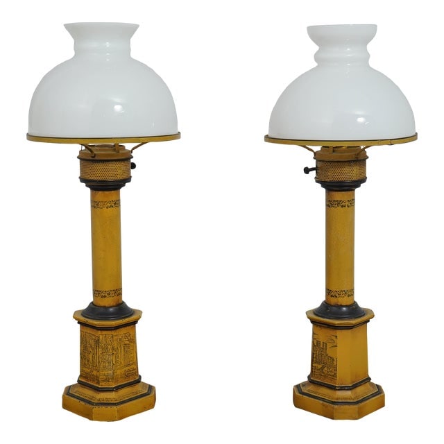 Pair Toleware Neoclassical Table Lamps Mustard Yellow & Black: Pair Toleware Neoclassical Table Lamps Mustard Yellow & Black This exquisite pair of vintage Neoclassical table lamps showcases a striking mustard yellow and black crackle painted finish, complemented