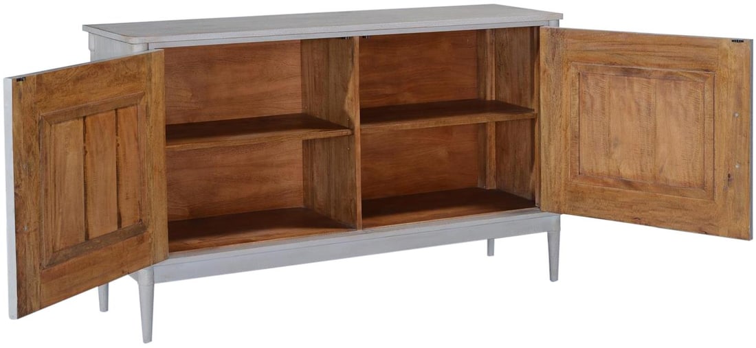 Pewter Gray Solid Mango Wood Sideboard: Pewter Gray Solid Mango Wood Sideboard Transform your living space with the sophisticated Leyland sideboard in Pewter Gray. This transitional piece beautifully combines functionality and style, featur