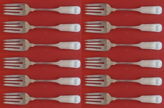 Old English Tipt Sterling Silver Salad Fork Set 12 Pieces 6 1/2": Old English Tipt Sterling Silver Salad Fork Set 12 Pieces 6 1/2" This exquisite 12-piece set of Old English Tipt salad forks by Gorham is crafted from high-quality sterling silver. Each fork measures