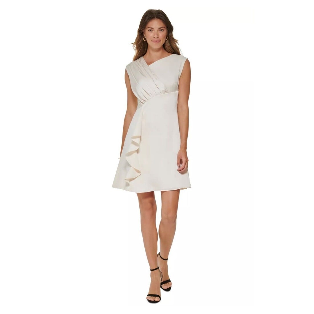 Womens Asymmetrical Pleated Bodice Dress Ivory 4: Womens Asymmetrical Pleated Bodice Dress Ivory 4 Elevate your wardrobe with this stunning DKNY Women's Asymmetrical Pleated-Bodice Dress in a soft buttercream hue. This elegant sleeveless dress featur