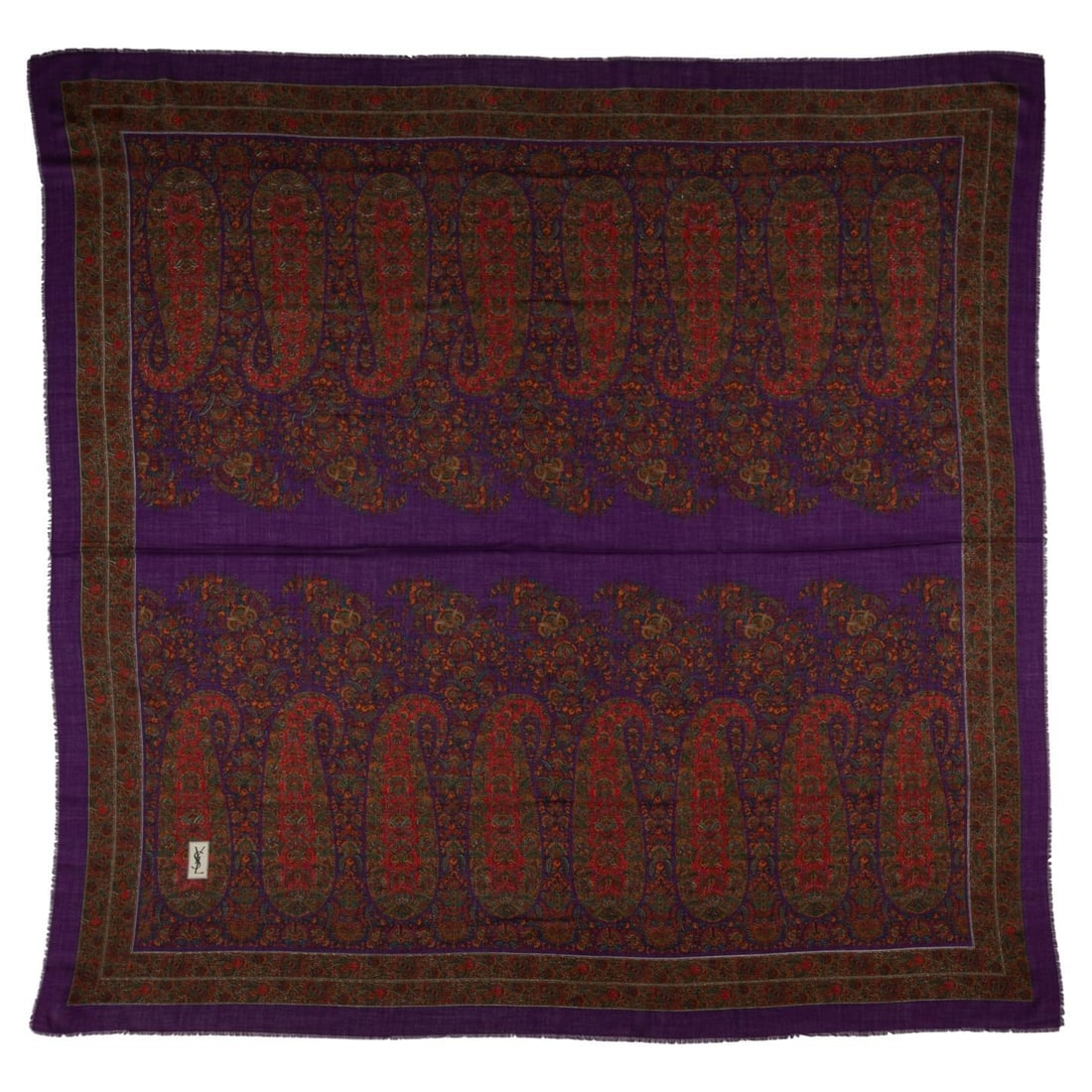 YSL Vintage Large Wool Silk Paisley Shawl: YSL Vintage Large Wool Silk Paisley Shawl Experience the elegance of this YSL Vintage Oversize Paisley Shawl, crafted from a luxurious blend of wool and silk. Featuring a vibrant multicolor paisley pa