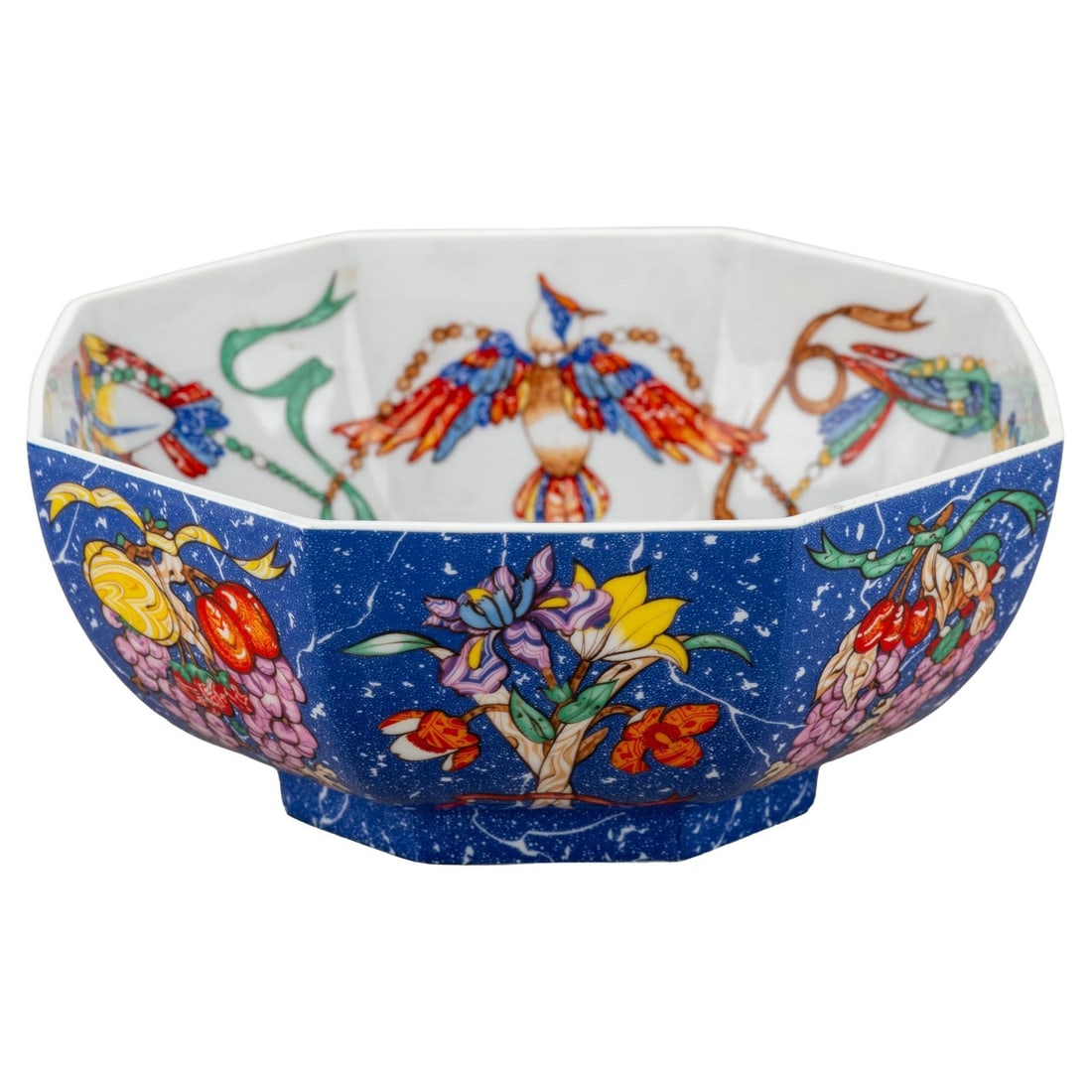 Hermes Vintage Blue Birds Large Porcelain Bowl: Hermes Vintage Blue Birds Large Porcelain Bowl This exquisite large porcelain bowl from Hermes showcases a captivating octagonal design adorned with colorful floral and bird motifs. Originating from t