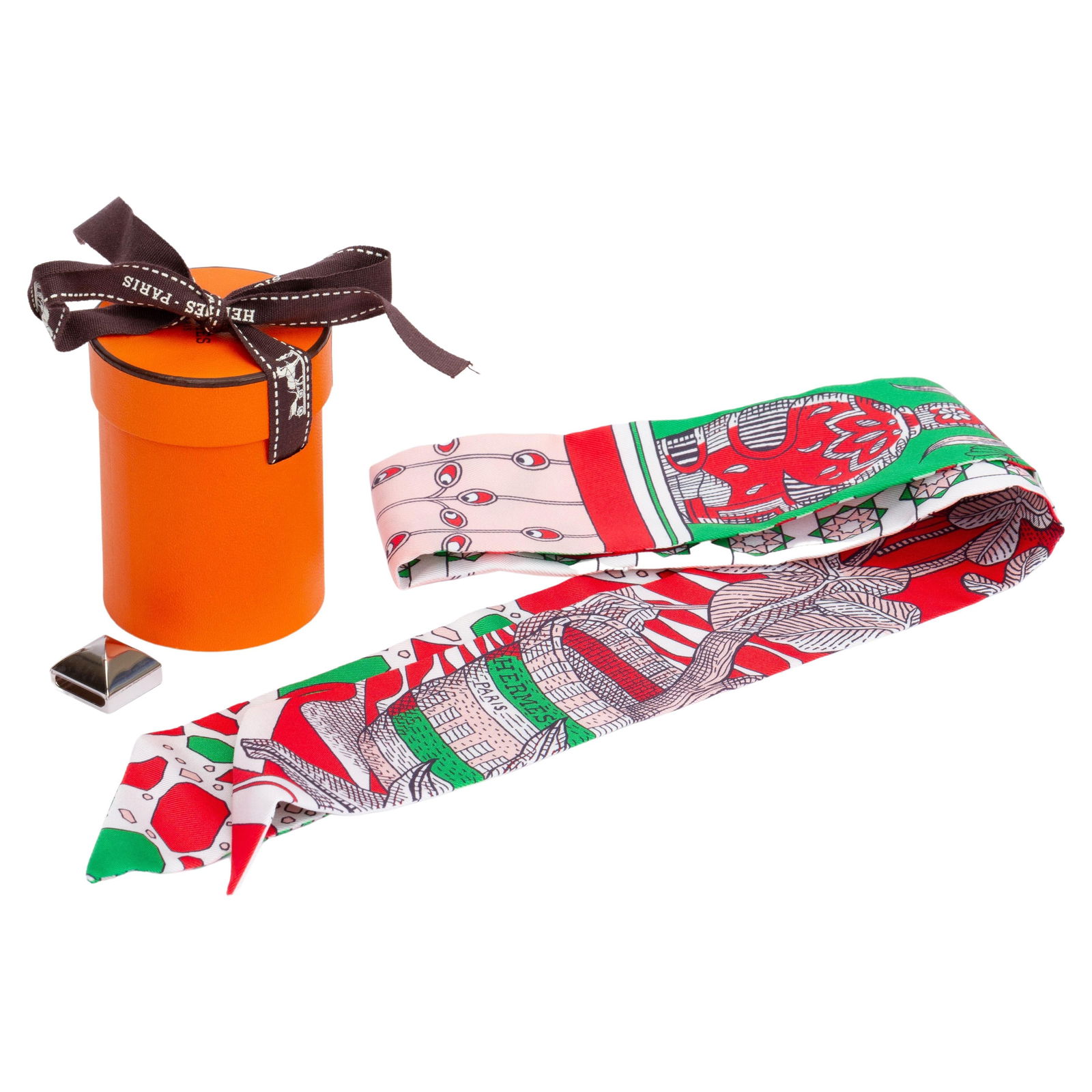 New Hermes La Danse Des Amazones Twilly Silk Scarf: New Hermes La Danse Des Amazones Twilly Silk Scarf Elevate your accessory collection with the Hermes La Danse Des Amazones Twilly. This exquisite silk scarf features a vibrant pink and green color pal