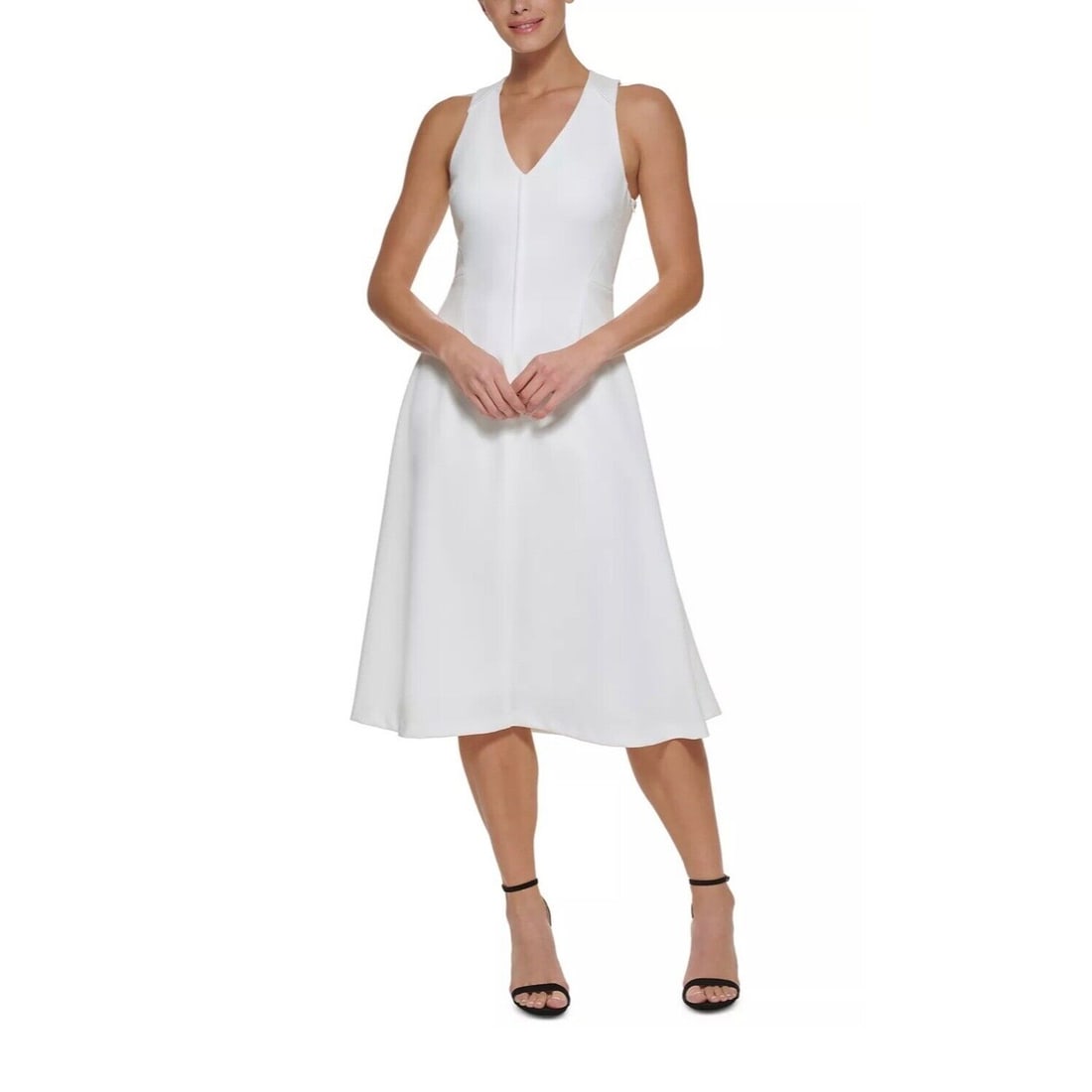 Cross Back Midi Dress Ivory Size 16: Cross Back Midi Dress Ivory Size 16 Elevate your wardrobe with this stunning DKNY sleeveless midi dress in a sophisticated ivory shade. Designed in a flattering fit & flare silhouette, this dress feat
