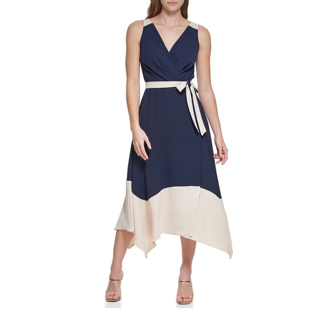 Colorblocked Faux-Wrap Tie At Waist Midi Dress Blue 6: Colorblocked Faux-Wrap Tie At Waist Midi Dress Blue 6 Elevate your wardrobe with this stunning DKNY colorblocked midi dress, designed for the modern woman. This sleeveless dress features a faux-wrap s