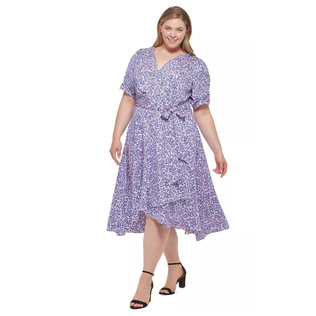 Plus Size Ruched Sleeve Ruffle Trim Faux Wrap Midi Dress 22W: Plus Size Ruched Sleeve Ruffle Trim Faux Wrap Midi Dress 22W Elevate your wardrobe with this stunning DKNY Plus Size Ruched Sleeve Ruffle Trim Faux Wrap Midi Dress in size 22W. This dress features a b