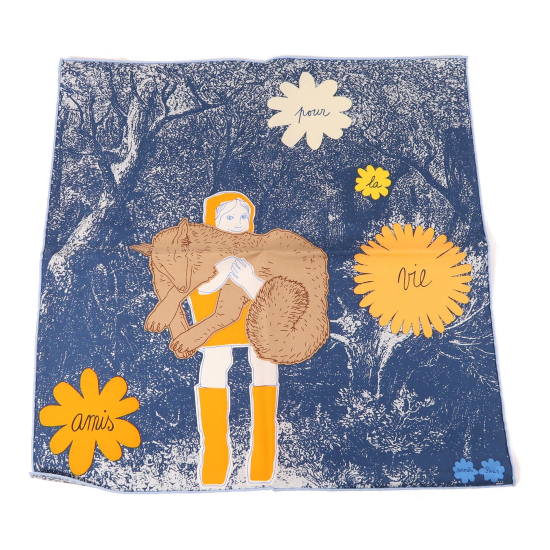 Pristine HERMES 45x45 Silk Scarf Blue with Girl and Dog Design: Pristine HERMES 45x45 Silk Scarf Blue with Girl and Dog Design This exquisite HERMES scarf is a stunning addition to any wardrobe. Made from luxurious silk, it features a vibrant blue background with