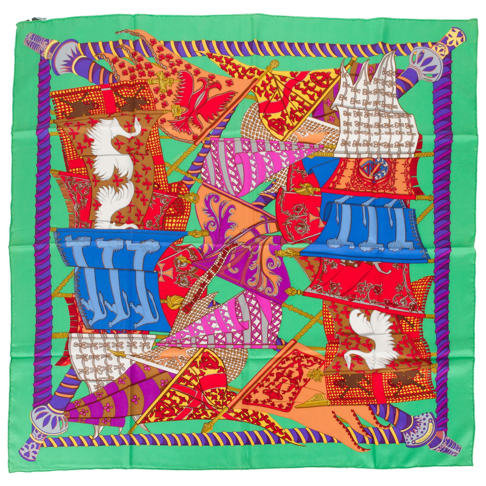 Hermes Green Flags 35x35 Silk Twill Scarf with Hand-Rolled Edges: Hermes Green Flags 35x35 Silk Twill Scarf with Hand-Rolled Edges Elevate your accessory collection with this exquisite Hermes Green Flags Silk Twill Scarf. Crafted in France, this luxurious silk scarf