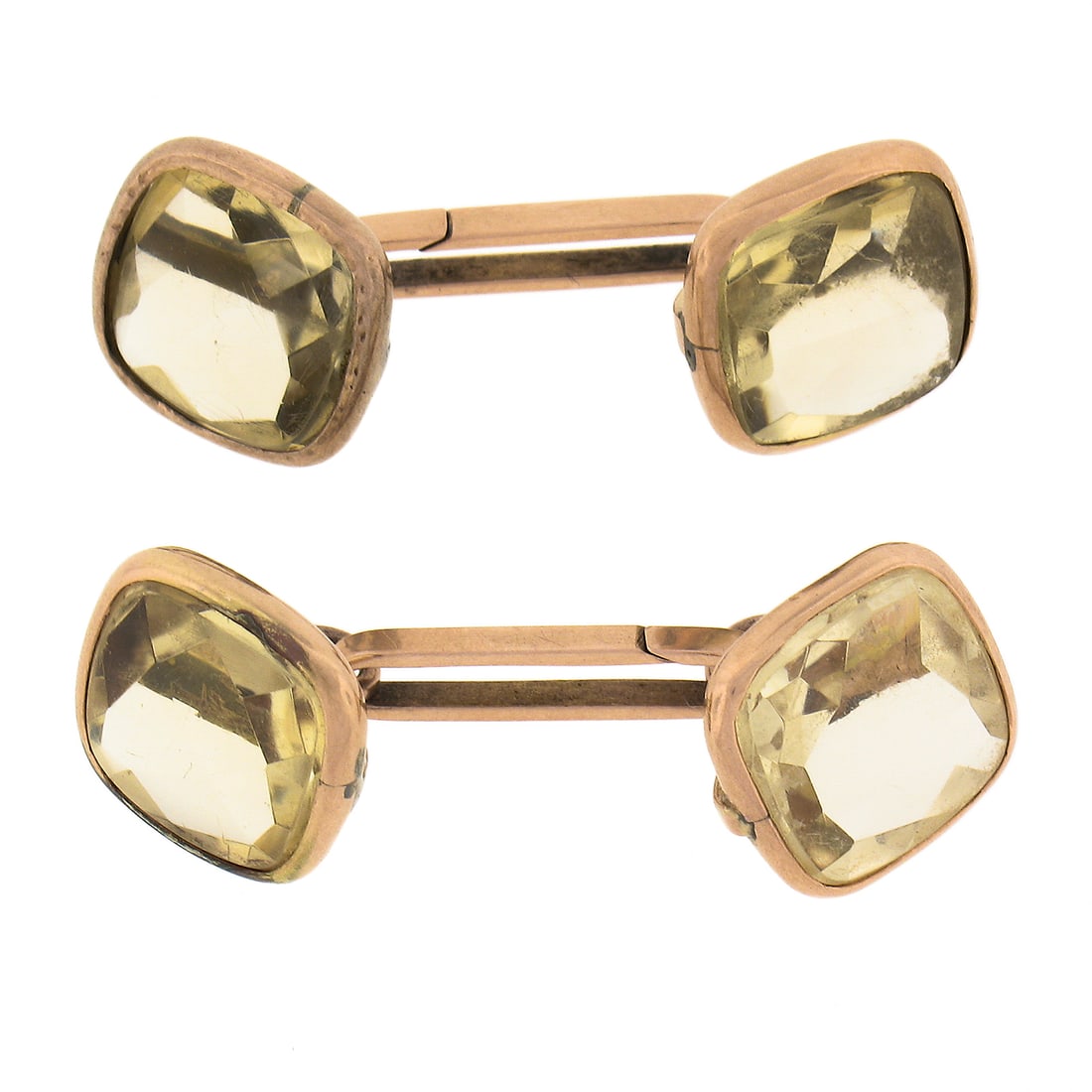 Men's Antique 10K Yellow Gold Dual Sided Bezel Cushion Lemon Quartz Cuff Links: Men's Antique 10K Yellow Gold Dual Sided Bezel Cushion Lemon Quartz Cuff Links Antique: Yes Main Stone Creation: Natural Main Stone Width: 10.8 mm Cut Grade: Very Good Main Stone Color: Yellow Materia