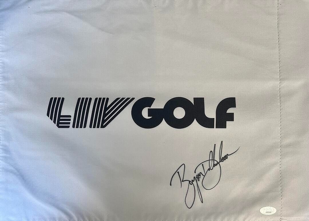Bryson DeChambeau Signed LIV Golf Pin Flag JSA Authenticated: Bryson DeChambeau Signed LIV Golf Pin Flag JSA Authenticated This official LIV Golf pin flag features the authentic signature of PGA/LIV star Bryson DeChambeau. The autograph has been verified by Jame