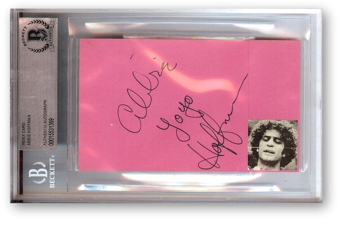 Abbie Hoffman Autographed Index Card Beckett Authentication: Abbie Hoffman Autographed Index Card Beckett Authentication This Abbie Hoffman autographed index card is a remarkable collectible from a prominent member of the Chicago Seven. The card, authenticated