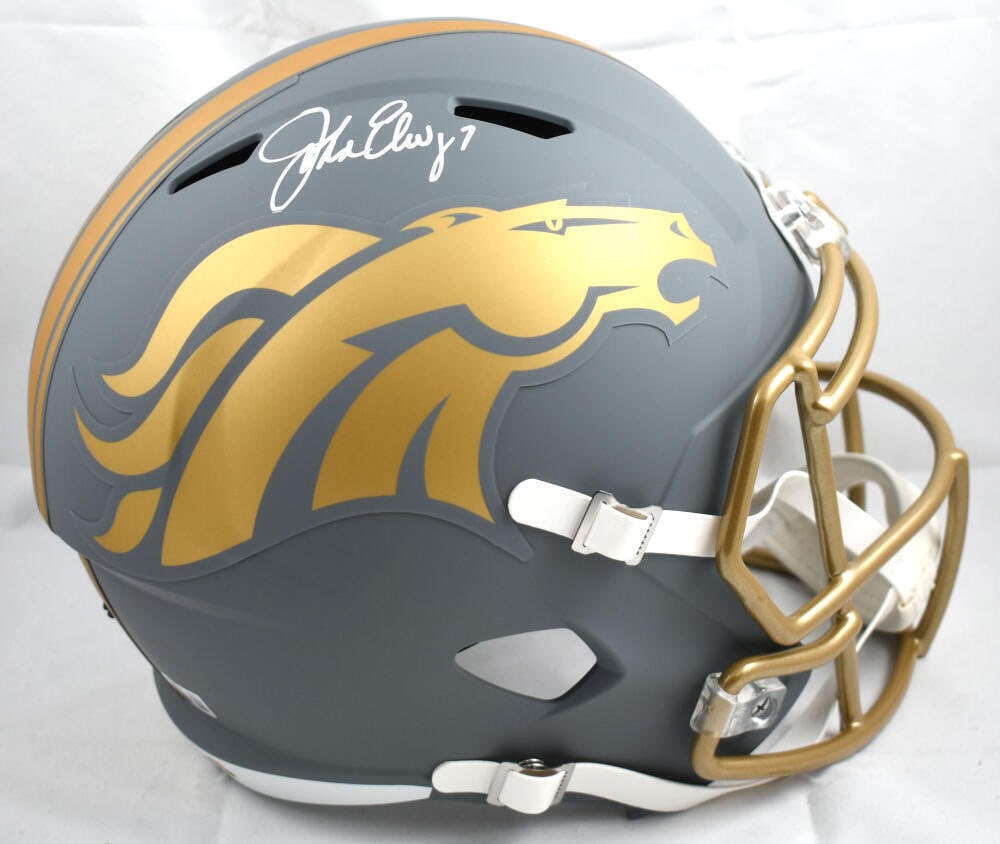 John Elway Autographed Denver Broncos Full Size Helmet - Beckett: John Elway Autographed Denver Broncos Full Size Helmet - Beckett This authentic Denver Broncos full-size slate speed helmet features the signature of legendary quarterback John Elway, a key player in 