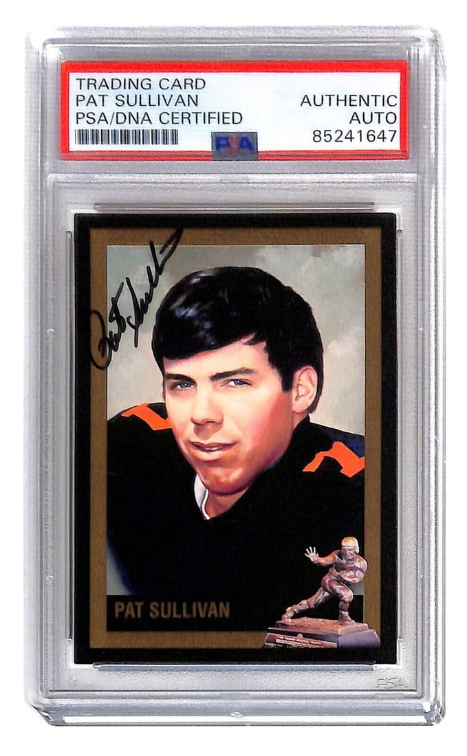 Pat Sullivan autographed Football Card Auburn Tigers 1971 PSA: Pat Sullivan autographed Football Card Auburn Tigers 1971 PSA This authentic Pat Sullivan autographed Heisman card celebrates the iconic achievement of the Auburn Tigers quarterback from 1971. The car