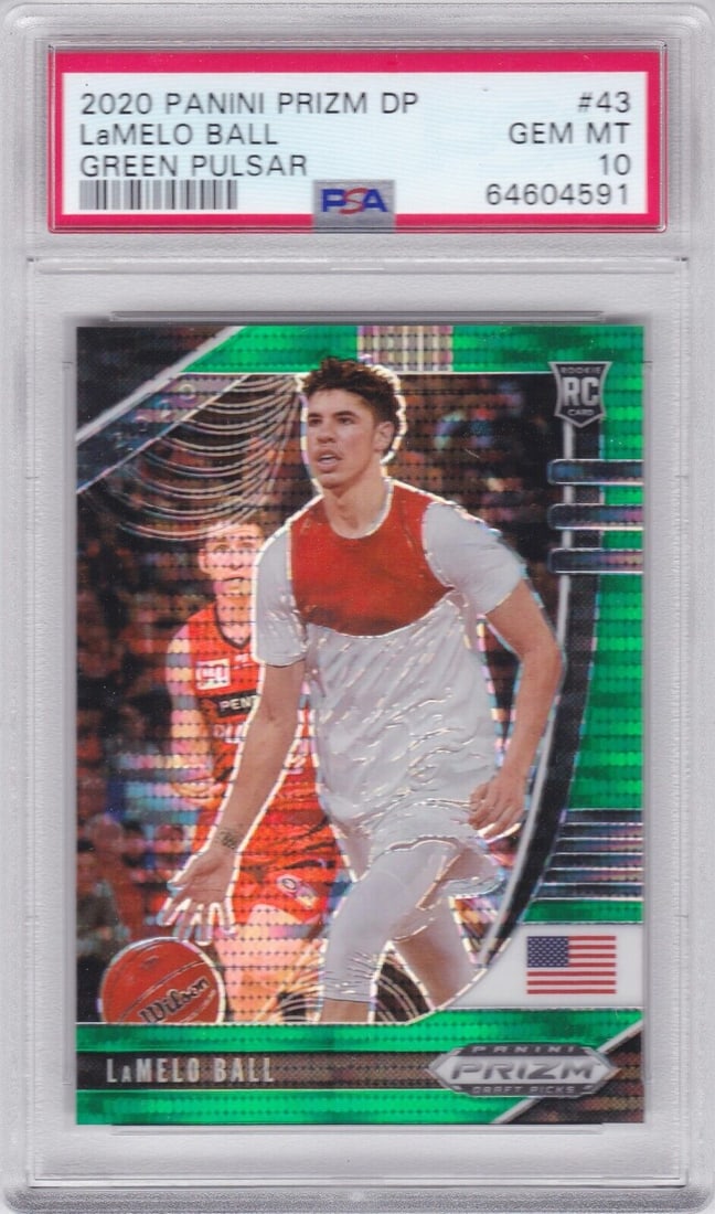 LaMelo Ball 2020-21 Panini Prizm Draft Picks Green Pulsar RC Gem Mint 10: LaMelo Ball 2020-21 Panini Prizm Draft Picks Green Pulsar RC Gem Mint 10 This is a graded LaMelo Ball rookie card from the 2020-21 Panini Prizm Draft Picks series, featuring a striking Green Pulsar de