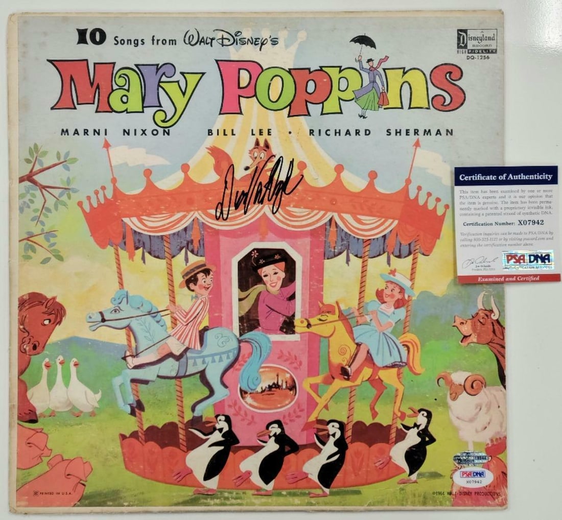 Dick Van Dyke Signed Mary Poppins Record Album Cover ~ PSA/DNA: Dick Van Dyke Signed Mary Poppins Record Album Cover ~ PSA/DNA This original vinyl record album features 'Mary Poppins' and includes songs from the beloved Walt Disney film. The album cover is promine