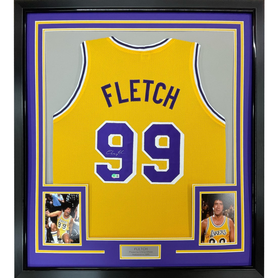 Framed Autographed Chevy Chase 33x42 Fletch LA Yellow Jersey: Framed Autographed Chevy Chase 33x42 Fletch LA Yellow Jersey This is a framed, authentic autographed yellow basketball jersey representing Chevy Chase in his iconic role as Fletch. The jersey features